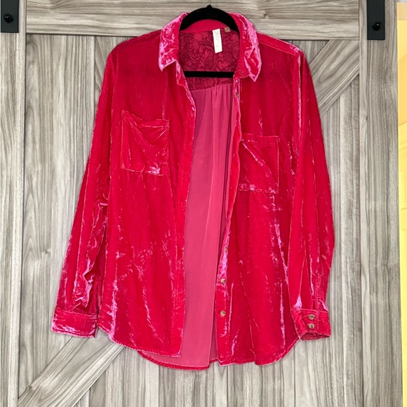 Anthropologie Fuchsia Velvet Button-Down Shirt - Picture 5 of 5